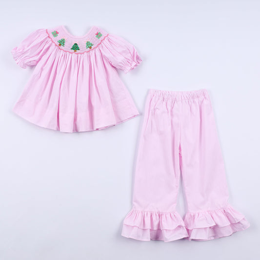 Pink christmas tree hand smocked ruffle pants set