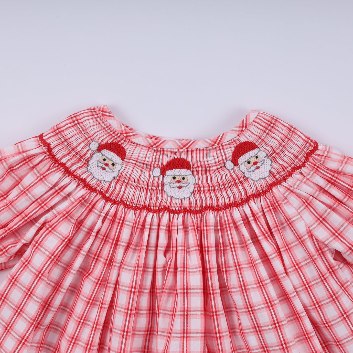 Red christmas santa claus hand smocked plaid ruffle pants set