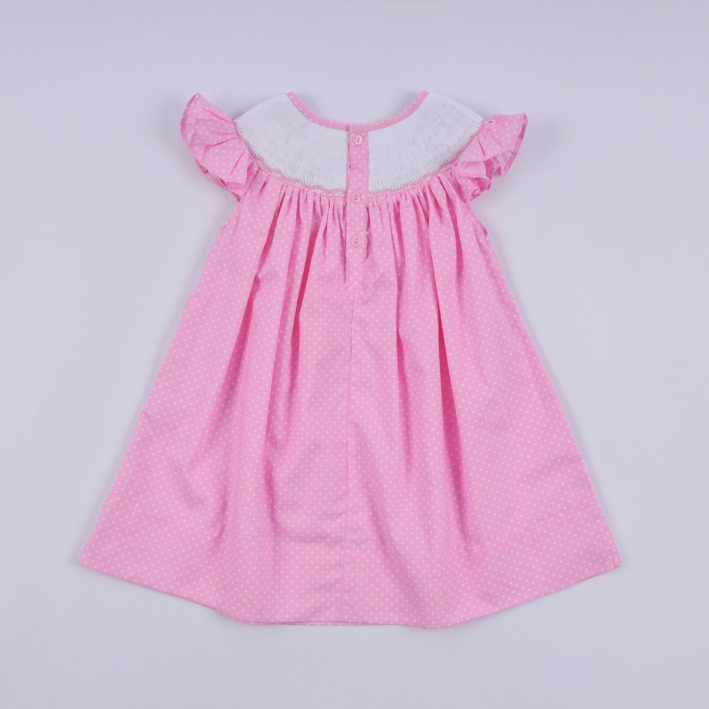 Pink character hand smocked dot ruffle dress