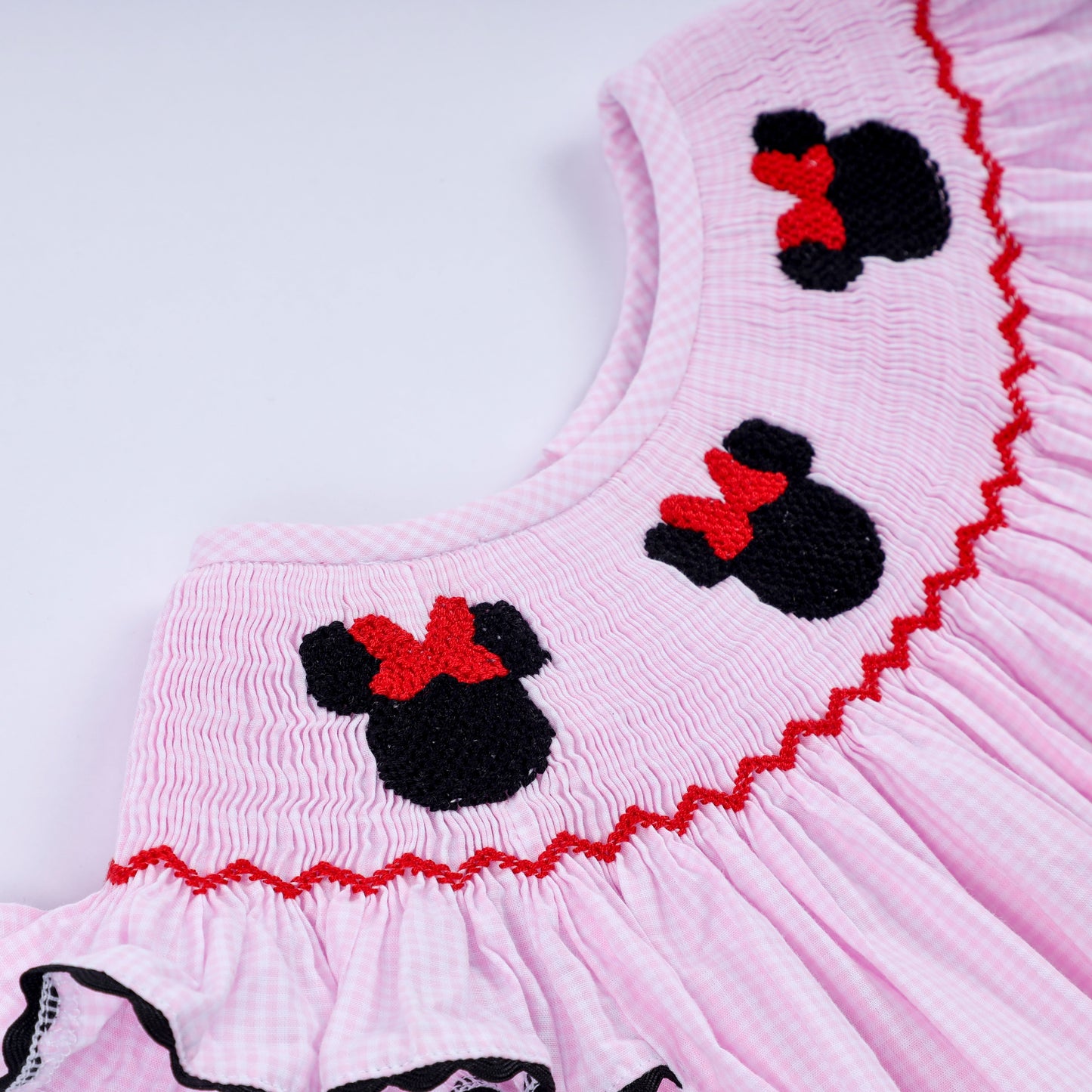 Red character hand smocked plaid ruffle dress