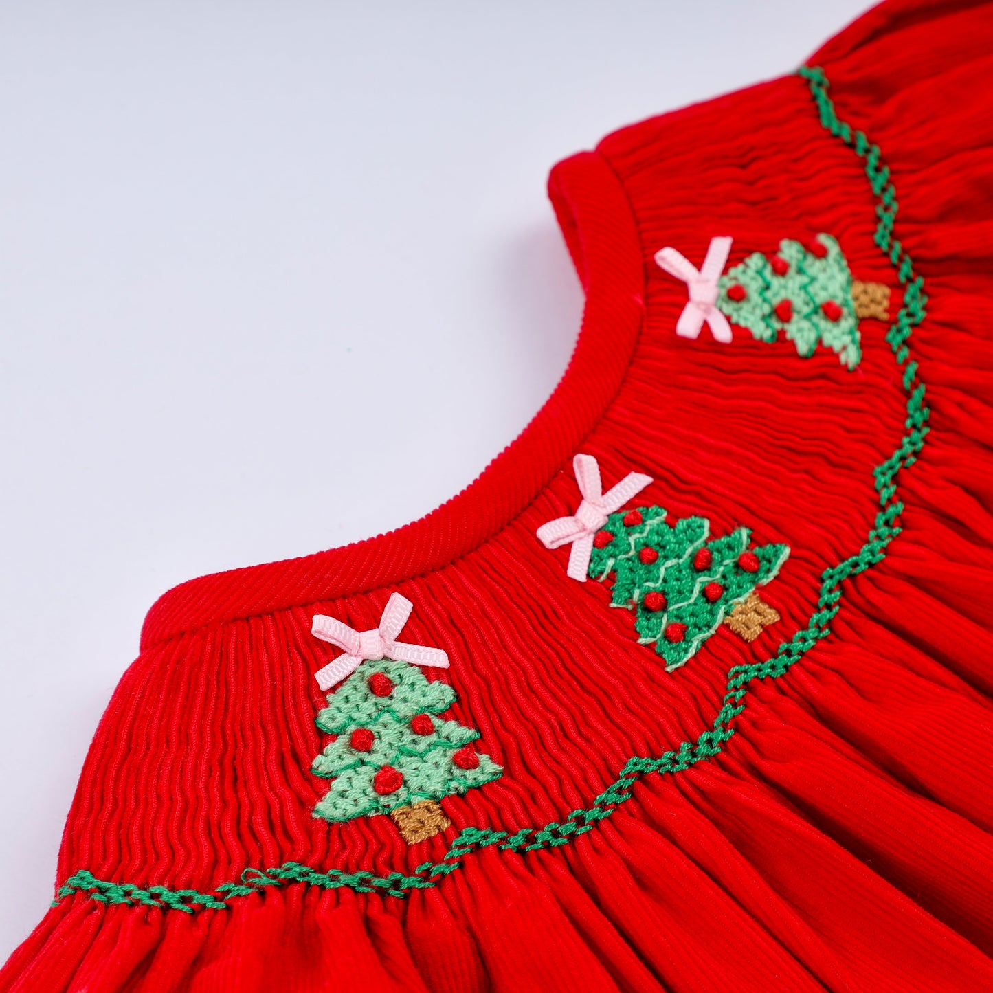Red christmas tree hand smocked romper