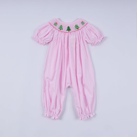 Pink christmas tree hand smocked ruffle romper