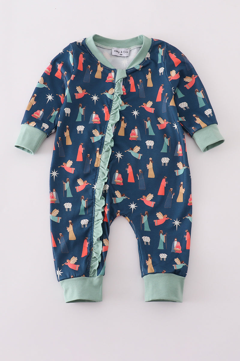Navy nativity print ruffle romper