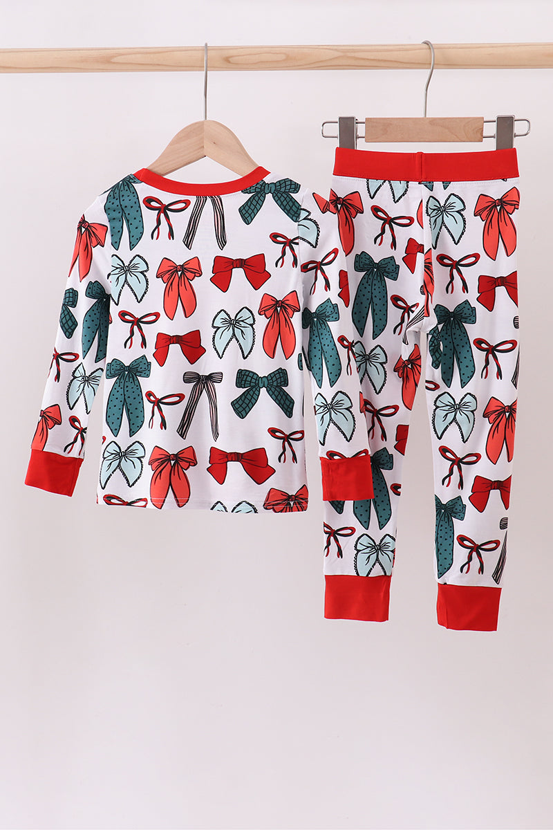 Red bow bamboo girl pajamas pants set