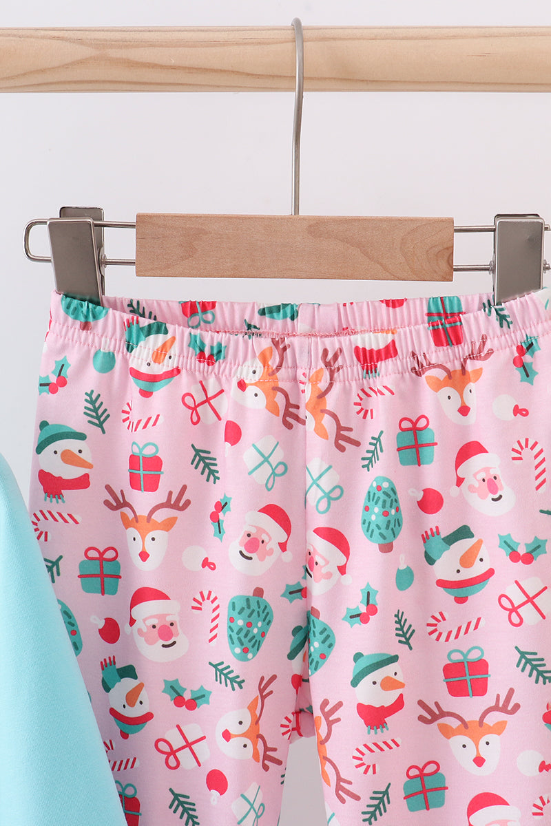 Blue christmas santa claus applique ruffle pants set