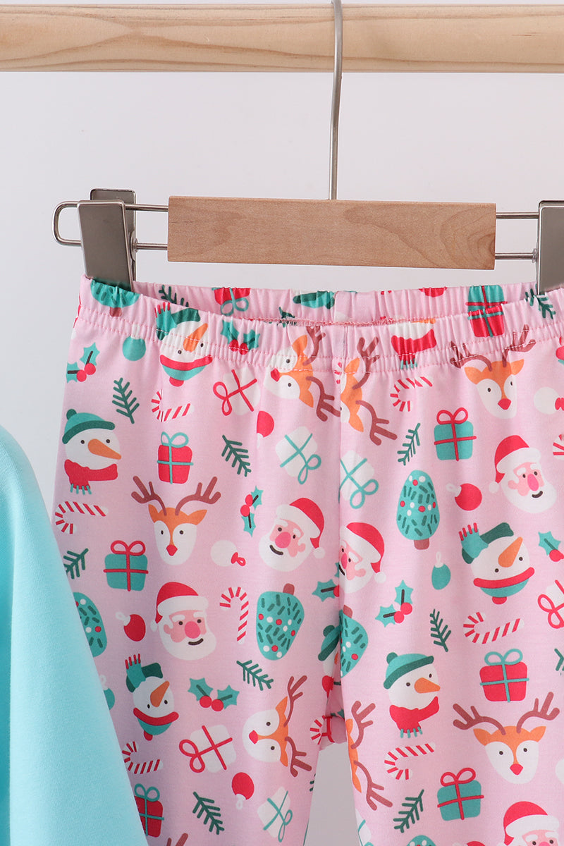 Blue christmas santa claus applique ruffle pants set