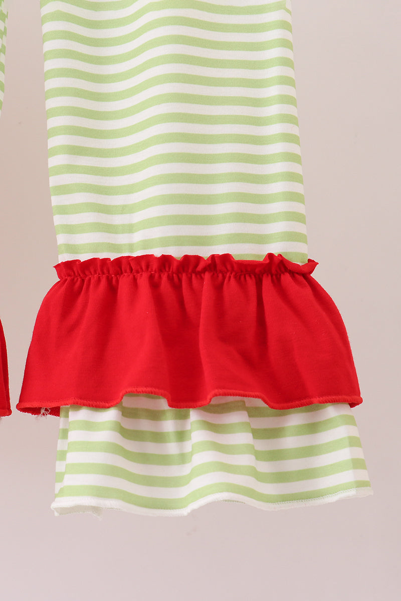 Red christmas tree embroidery ruffle pants set