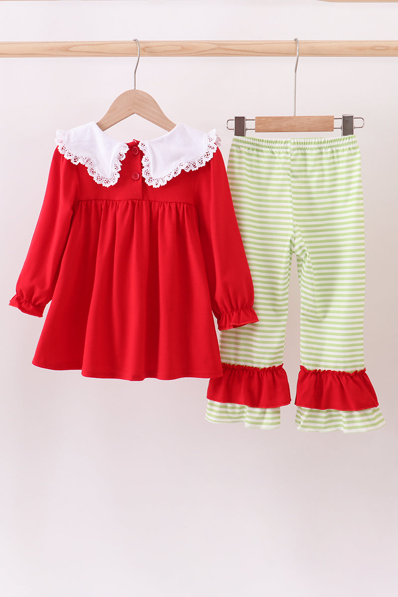 Red christmas tree embroidery ruffle pants set