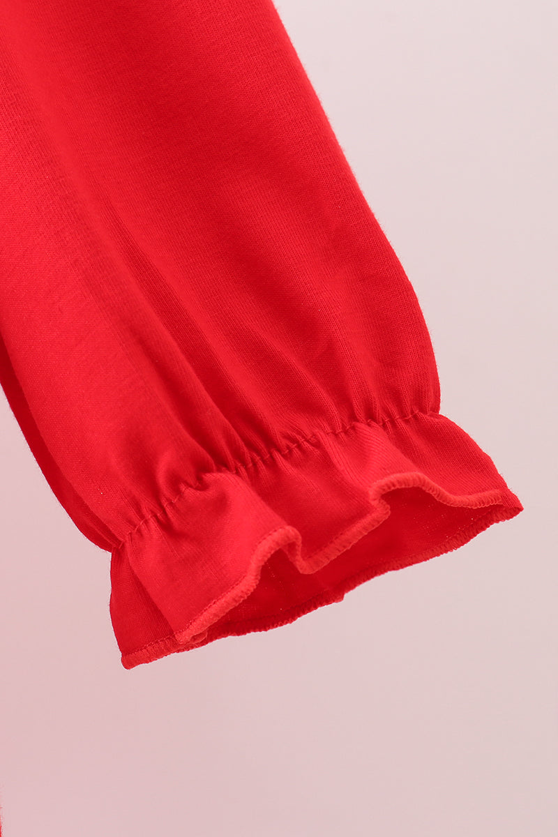 Red christmas tree embroidery ruffle dress