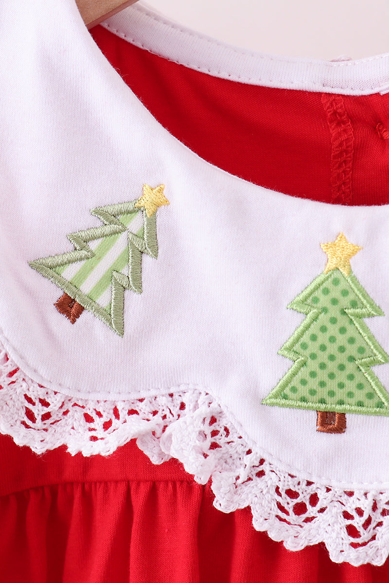 Red christmas tree embroidery ruffle dress