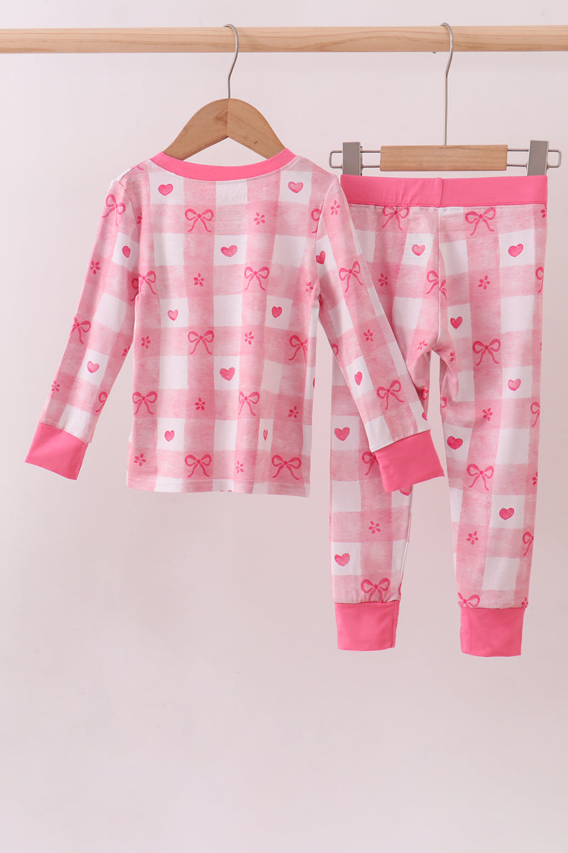 Pink heart checkered bamboo pajama pants set