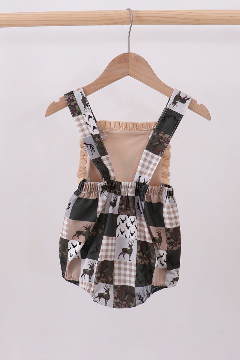 Green hunting deer embroidery checkered ruffle bubble