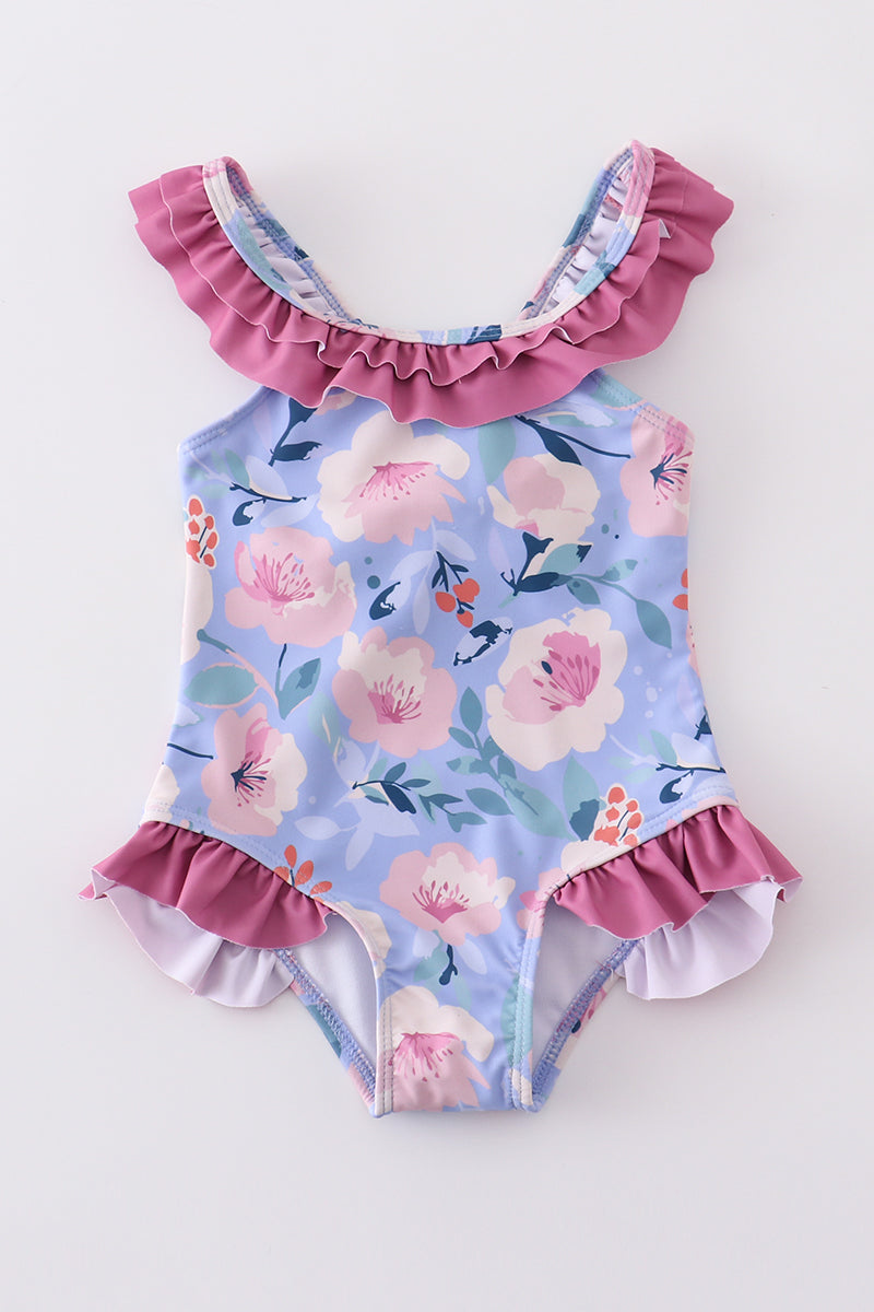 Floral pint ruffle girl swimsuit