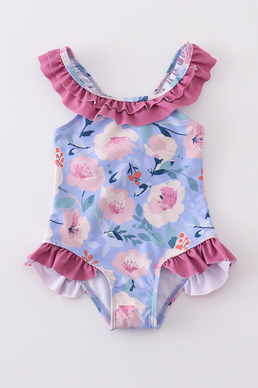 Floral pint ruffle girl swimsuit
