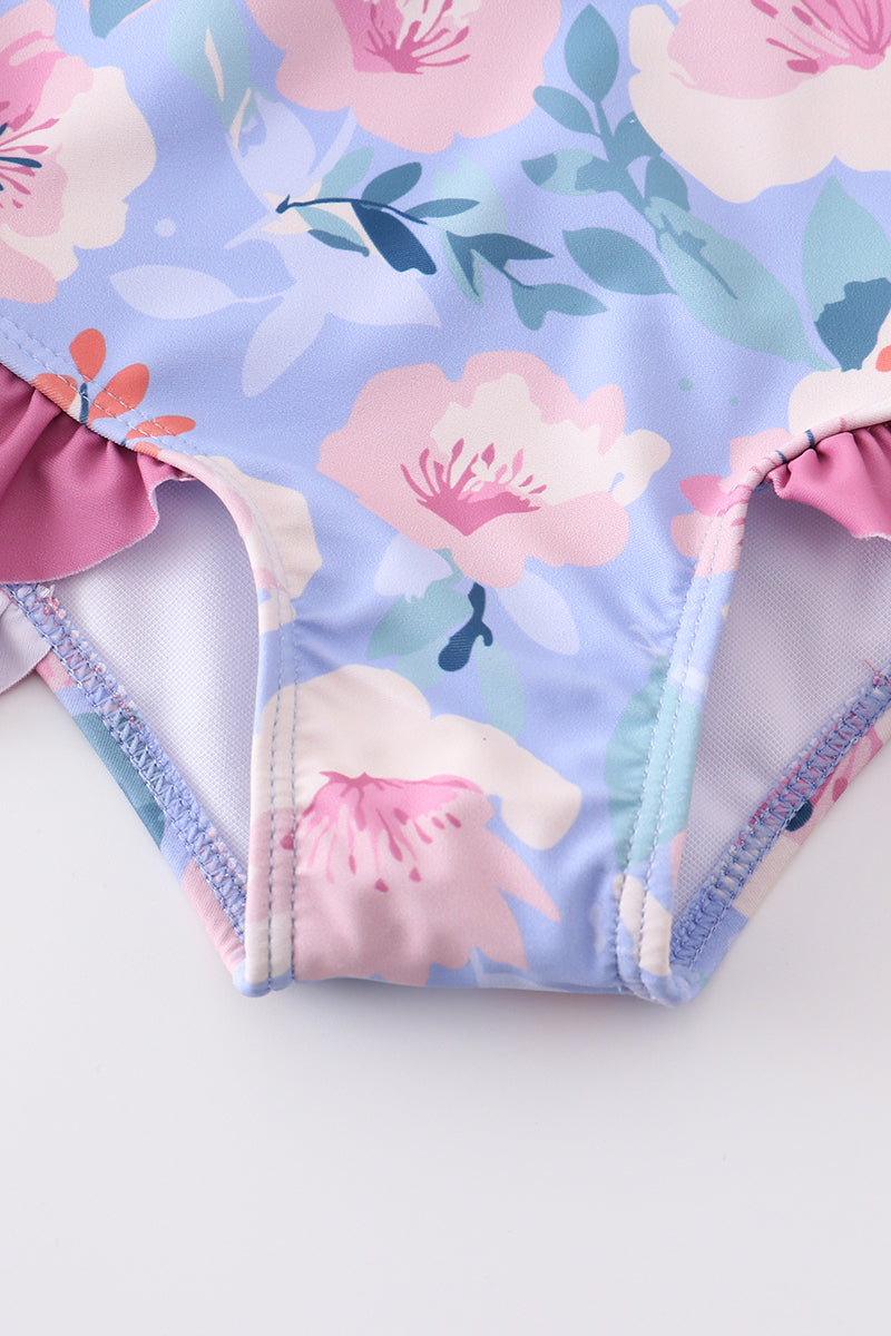 Floral pint ruffle girl swimsuit