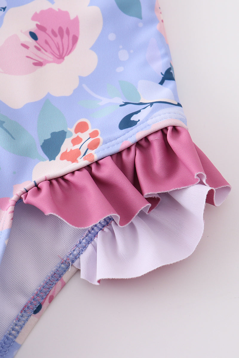 Floral pint ruffle girl swimsuit