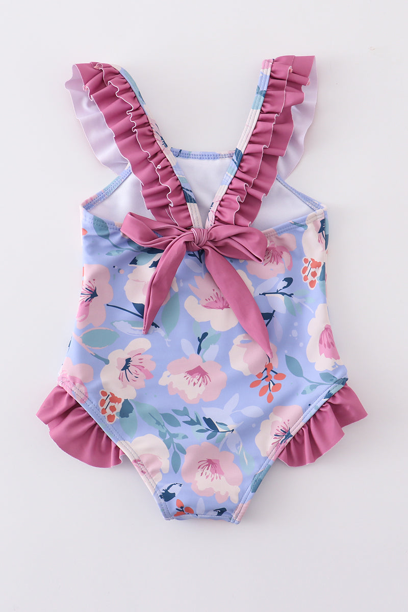 Floral pint ruffle girl swimsuit