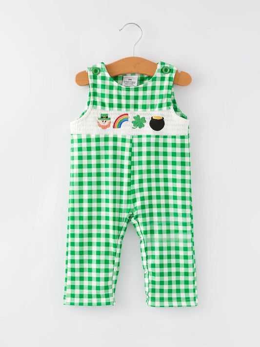 St. Patrick's Day Smocking Embroidered Green Plaid Boys' Romper: 12M