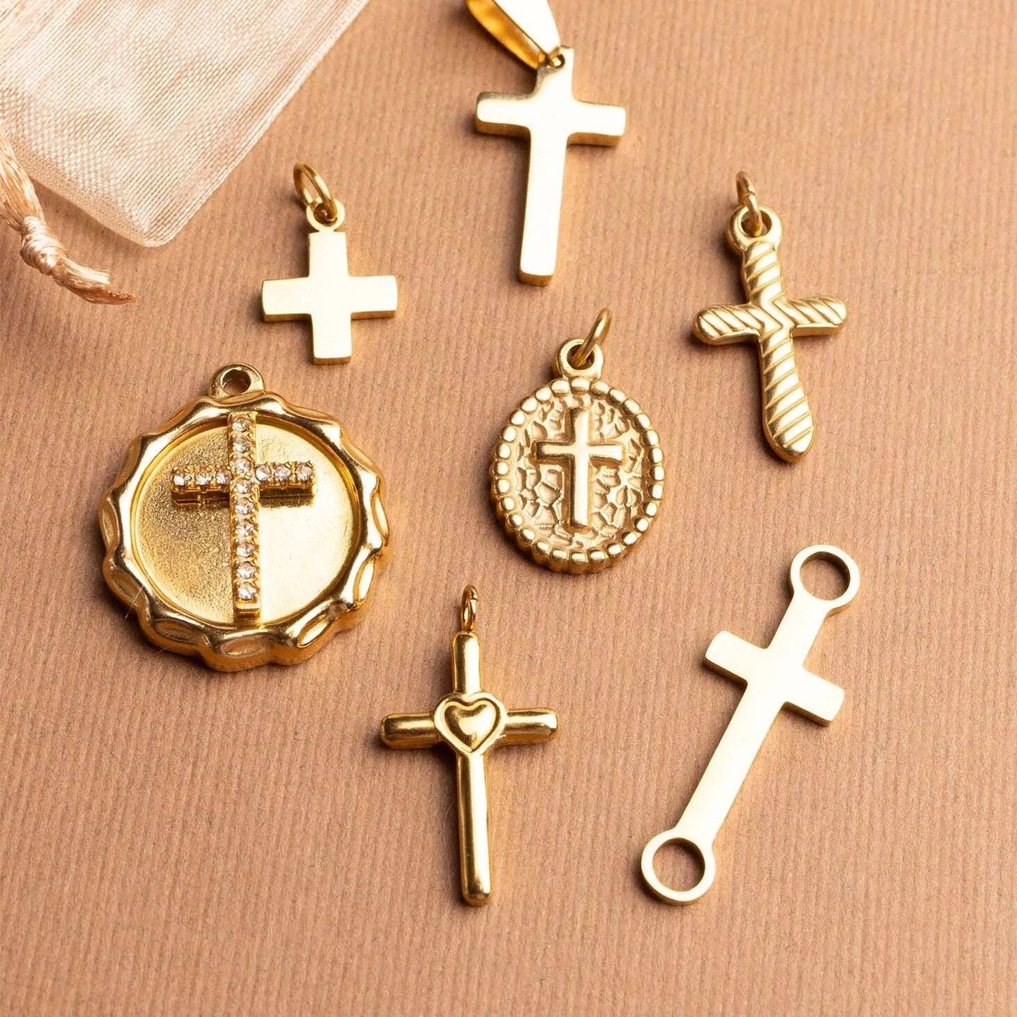 18K Gold PVD Stainless Steel Stone Cross Pendant: Gold