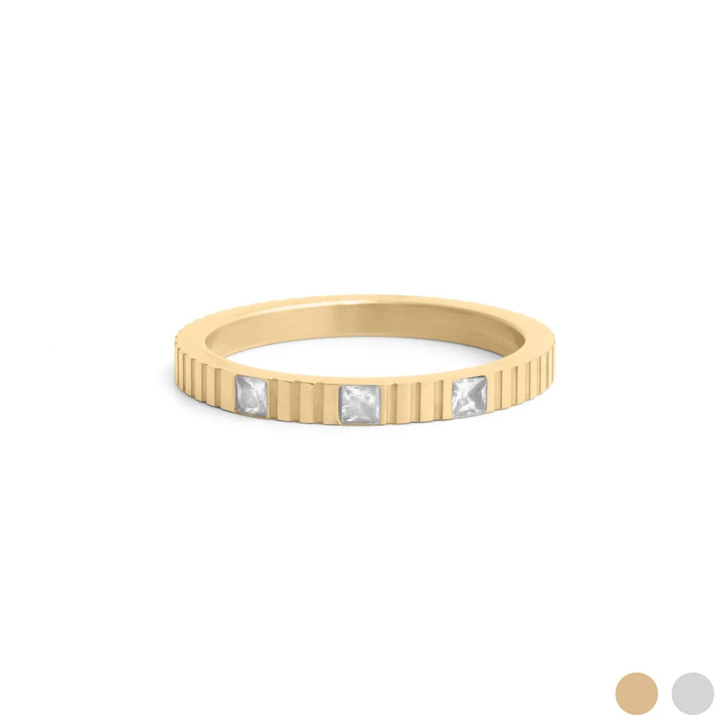 18K Gold Stainless Steel Triple Stone Fluted Stacking Ring: Gold / 8