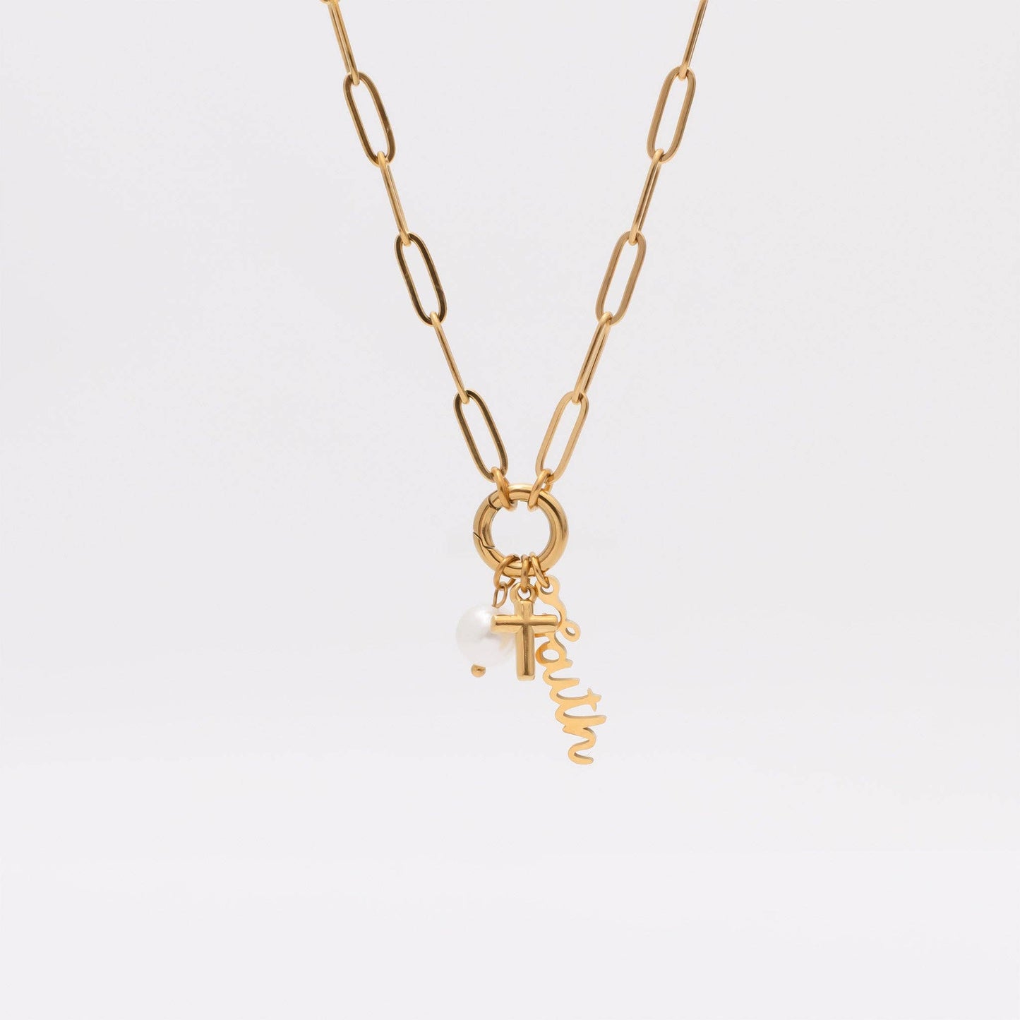 Gold Stainless Steel Faith Charm Holder Necklace Gift Set: Gold