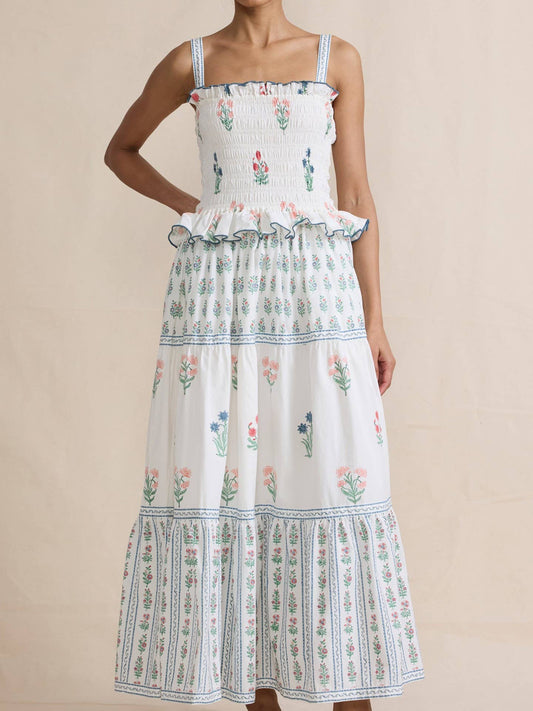 Wavy Floral Luscious Slip Puffy Dress: White / XL