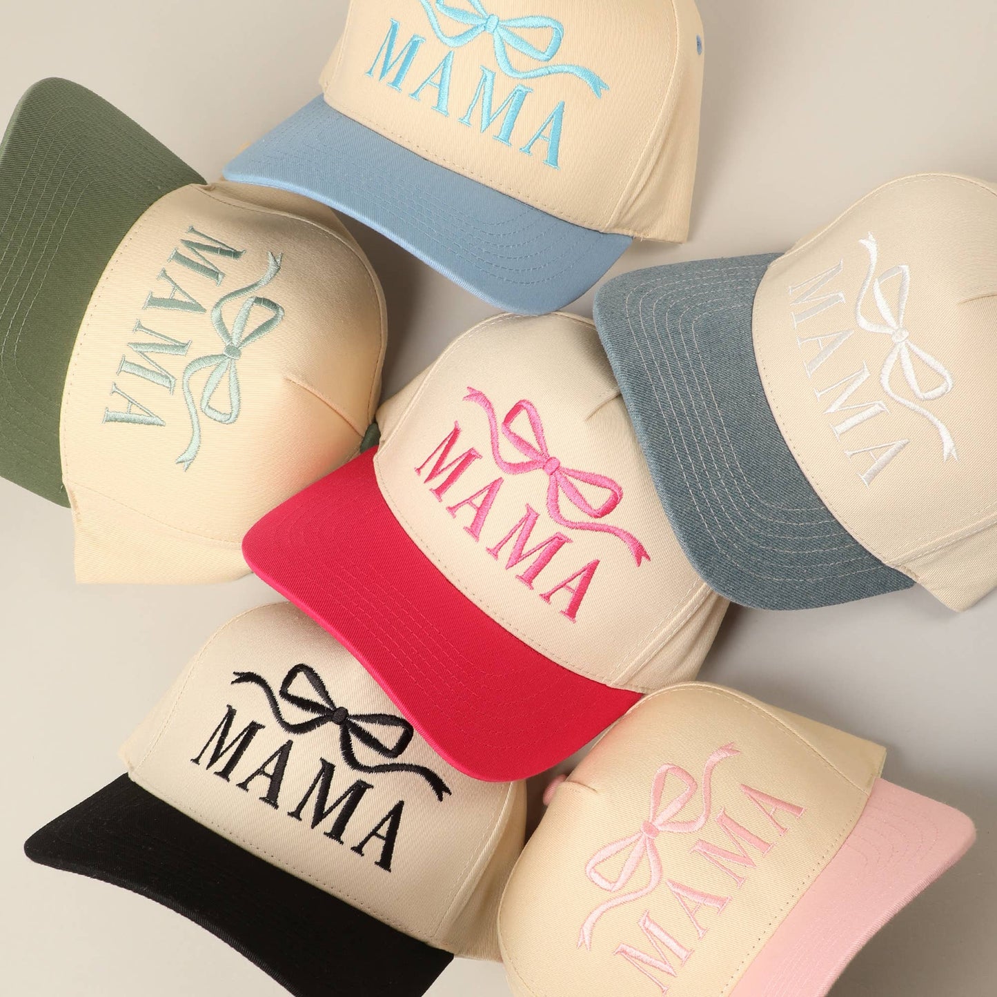 MAMA Ribbon Embroidered Two-Tone Trucker Hat: DENIM / ONE SIZE