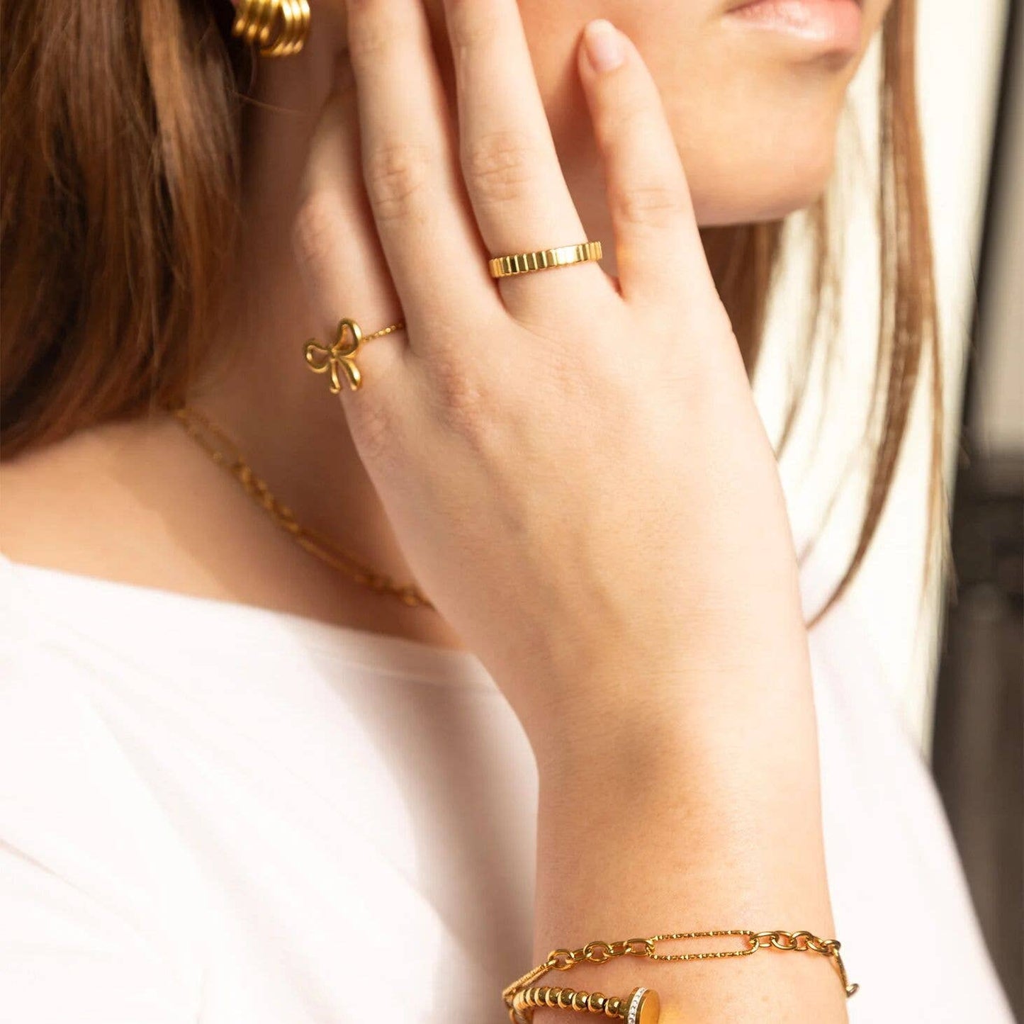 18K Gold PVD Stainless Steel Fluted Stacking Ring: Gold / 7