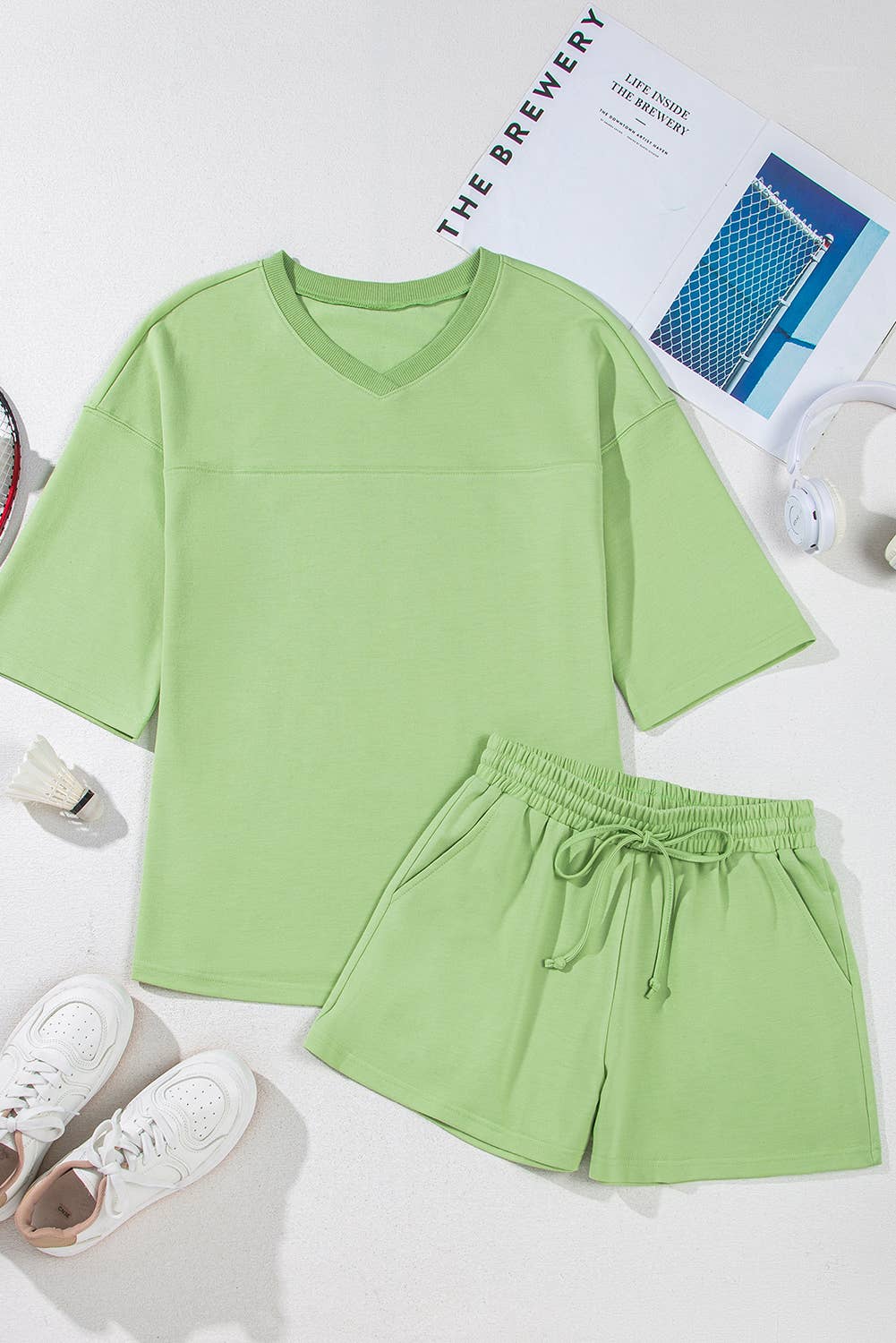 Solid Loose V-Neck Half Sleeve Tee and Shorts Set: Green / Missy / L