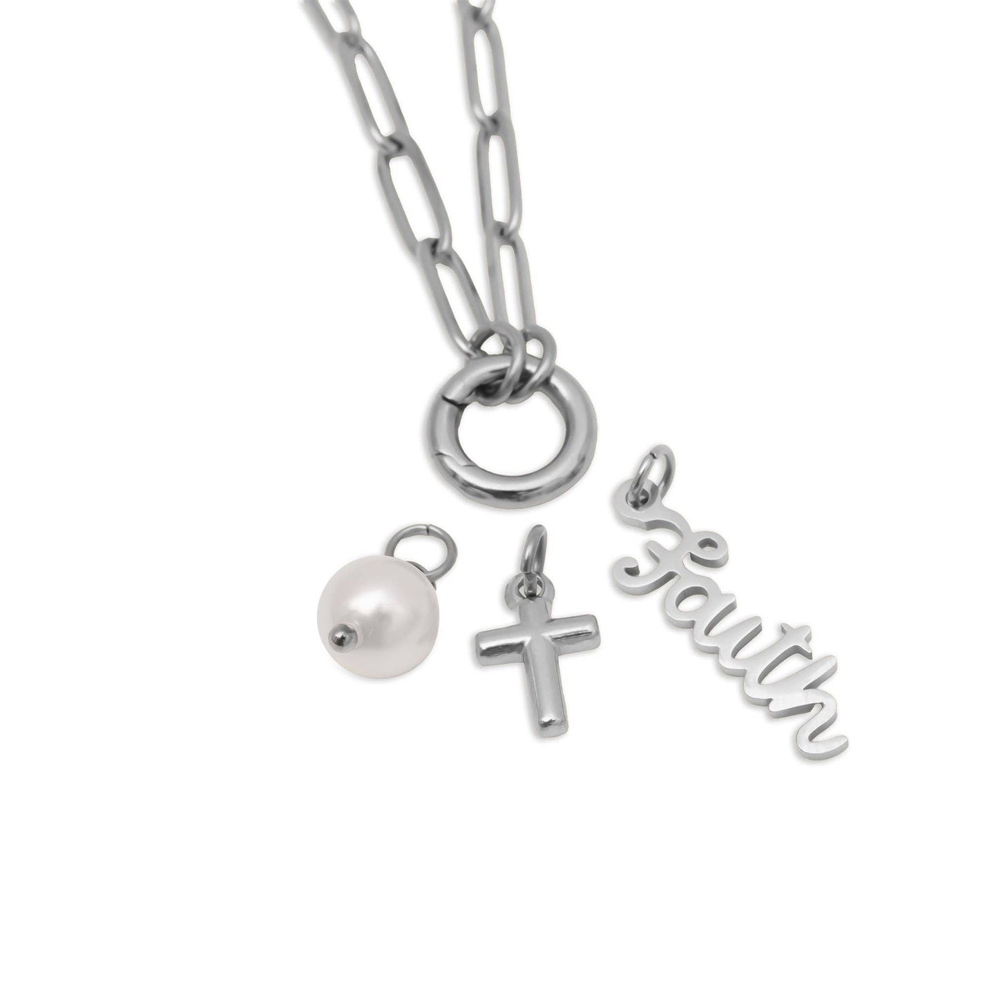 Gold Stainless Steel Faith Charm Holder Necklace Gift Set: Gold