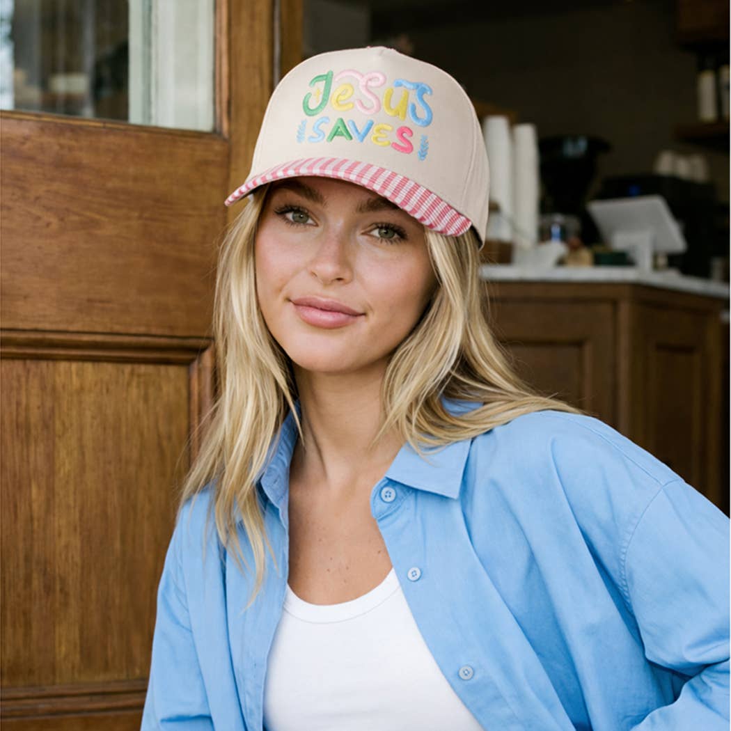 JESUS SAVES Embroidered Gingham Brim Trucker Hat: GREEN / ONE SIZE