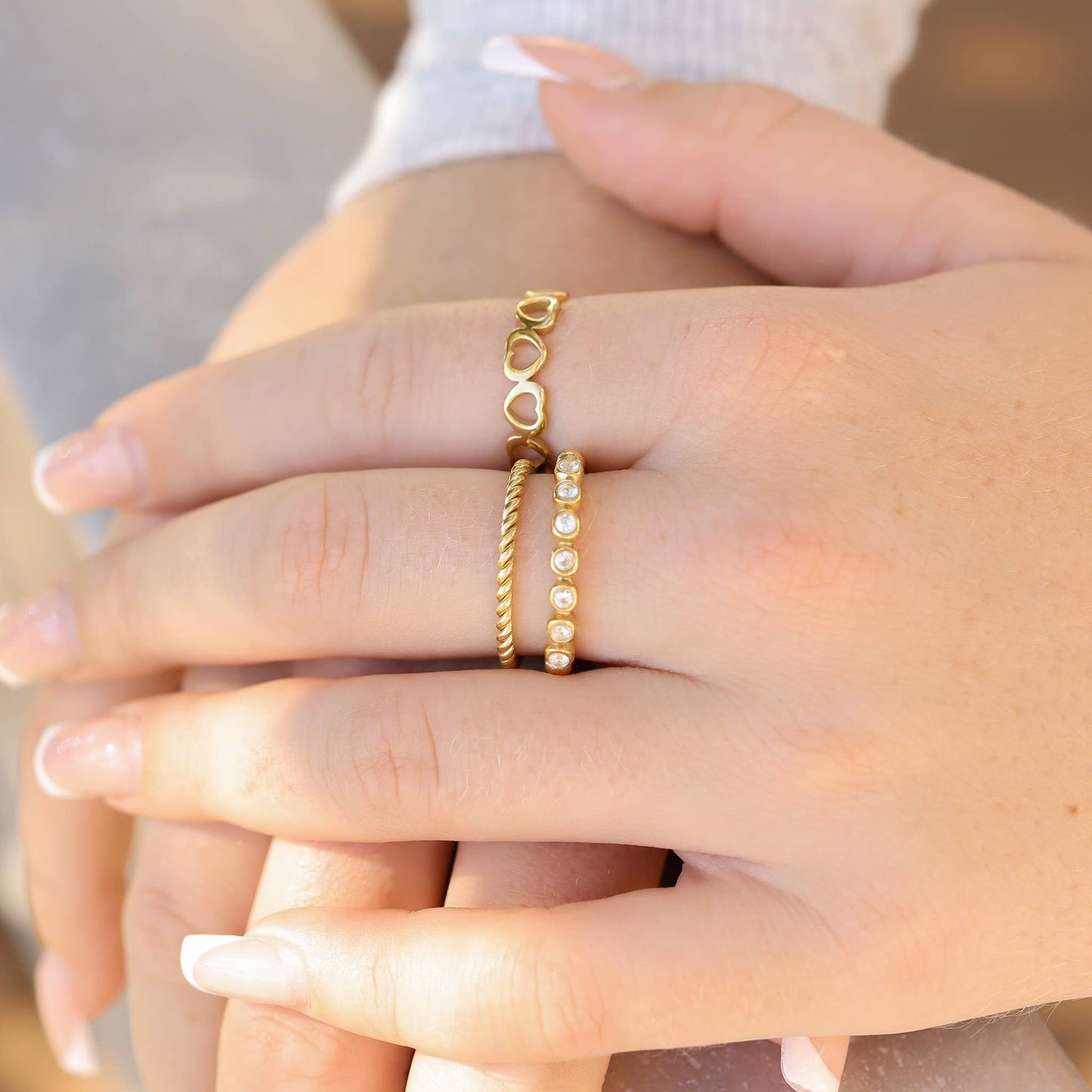 18k Gold PVD Coated Beaded Stainless Steel CZ Stacking Ring: Black / 6