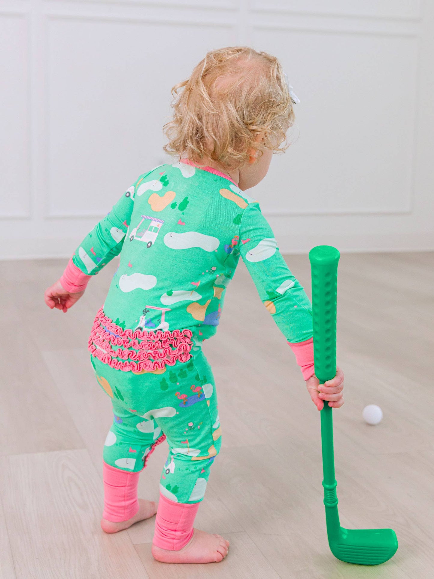 Baby Girls Fairway Flamingo Golf Bamboo Viscose Convertible Ruffle One Piece Pajama: Green / 3-6m