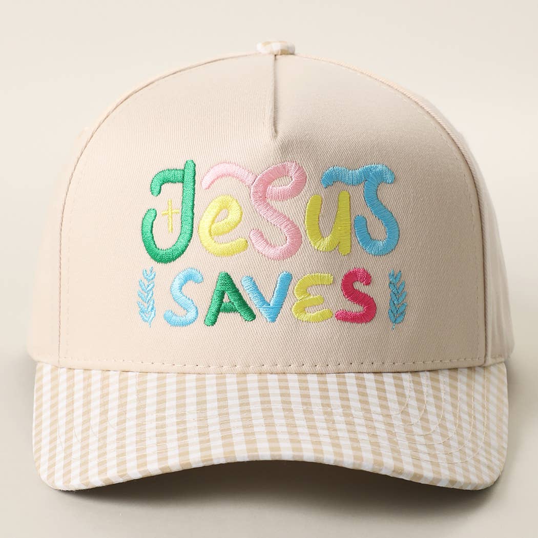 JESUS SAVES Embroidered Gingham Brim Trucker Hat: GREEN / ONE SIZE