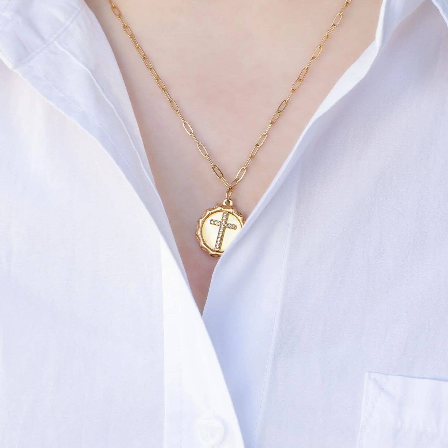 18K Gold PVD Stainless Steel Stone Cross Pendant: Gold