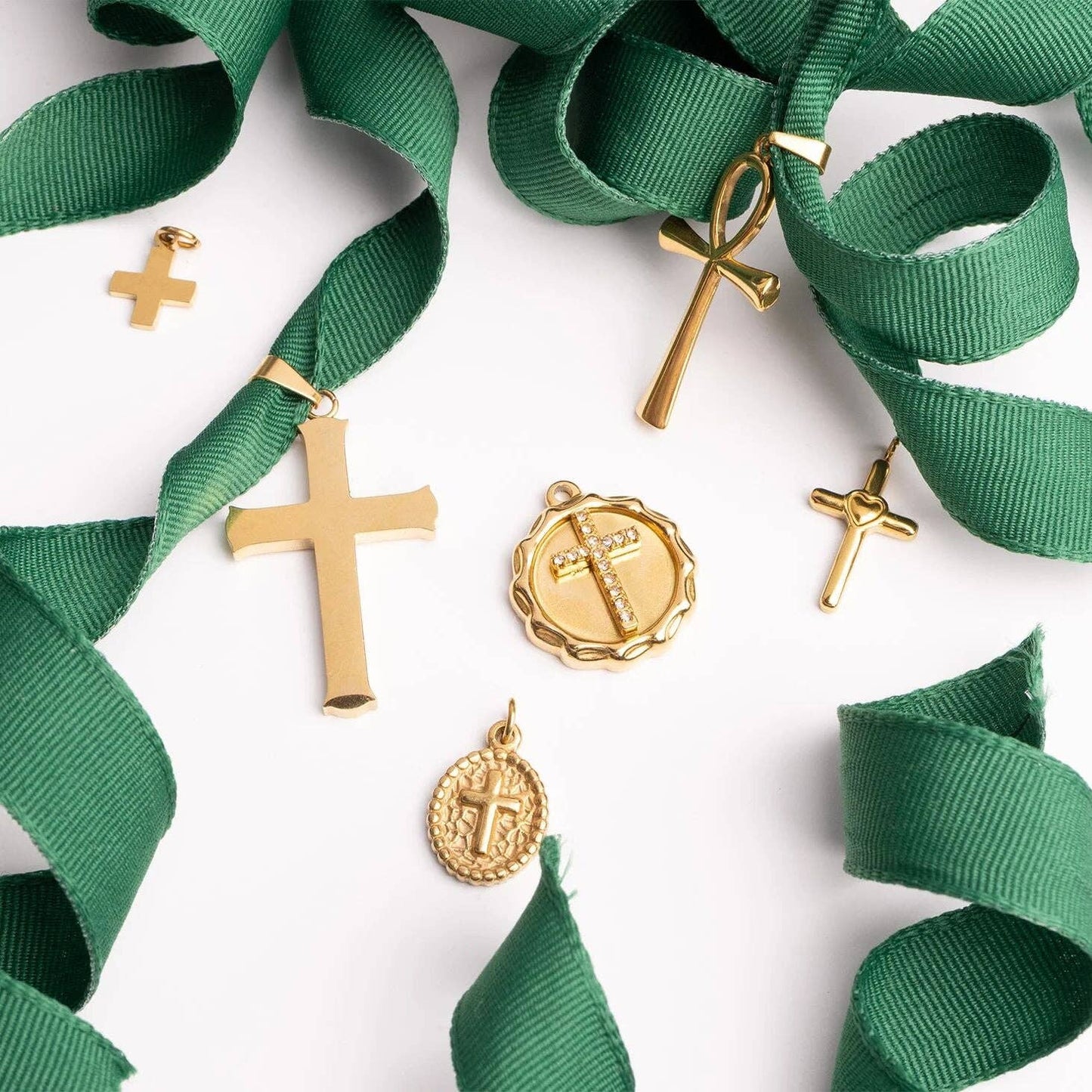 18K Gold PVD Stainless Steel Stone Cross Pendant: Gold