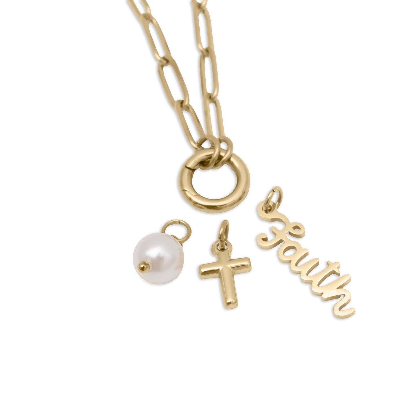 Gold Stainless Steel Faith Charm Holder Necklace Gift Set: Gold