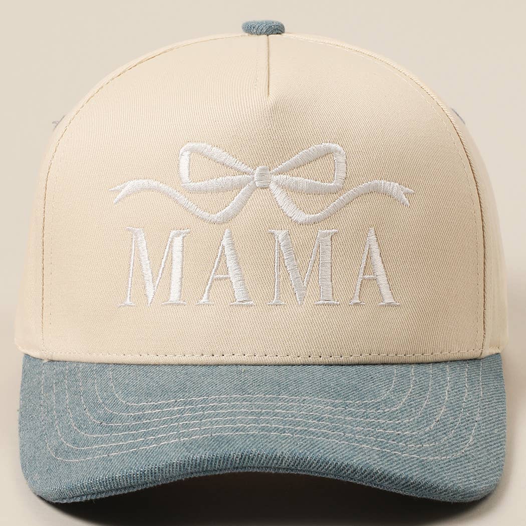 MAMA Ribbon Embroidered Two-Tone Trucker Hat: DENIM / ONE SIZE