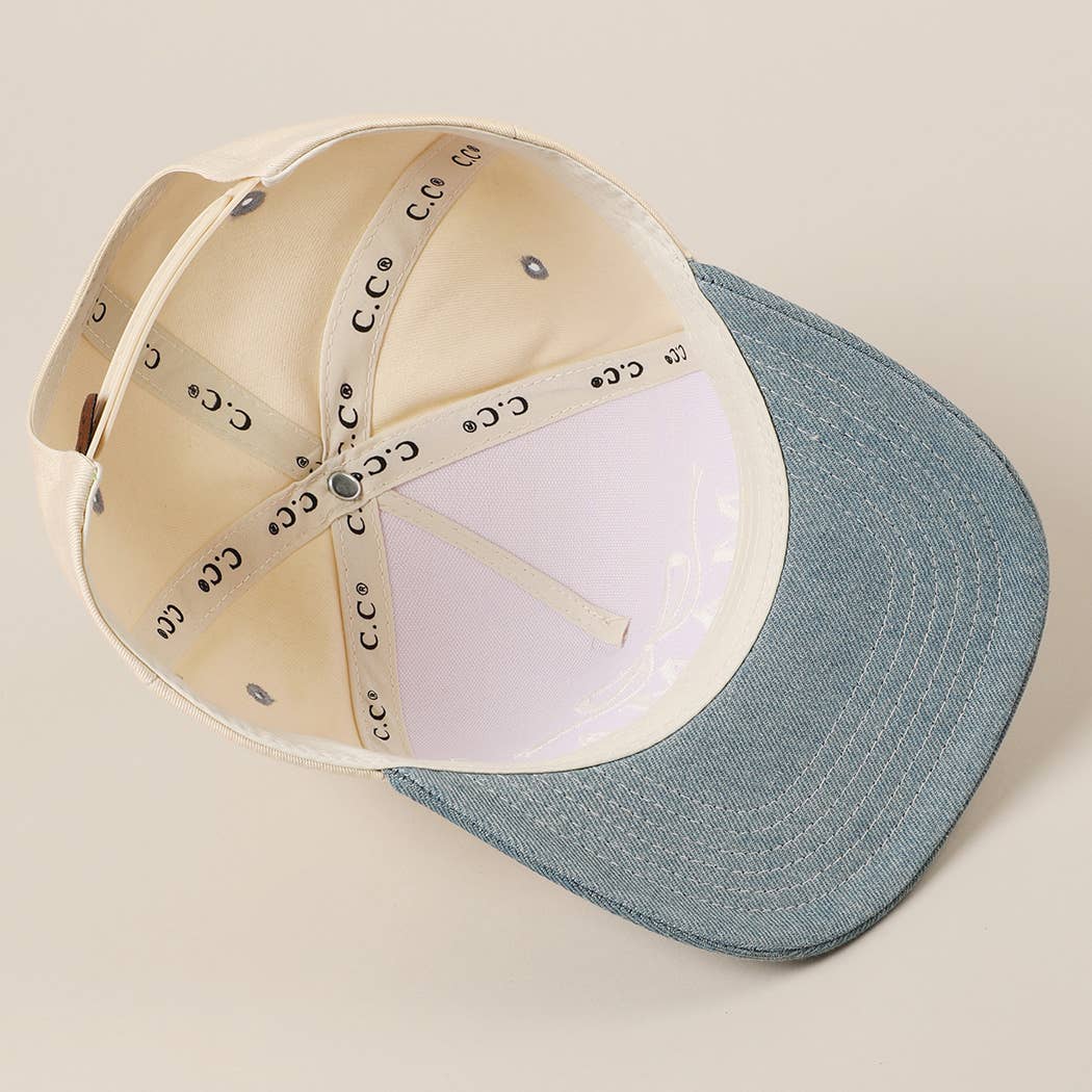 MAMA Ribbon Embroidered Two-Tone Trucker Hat: DENIM / ONE SIZE