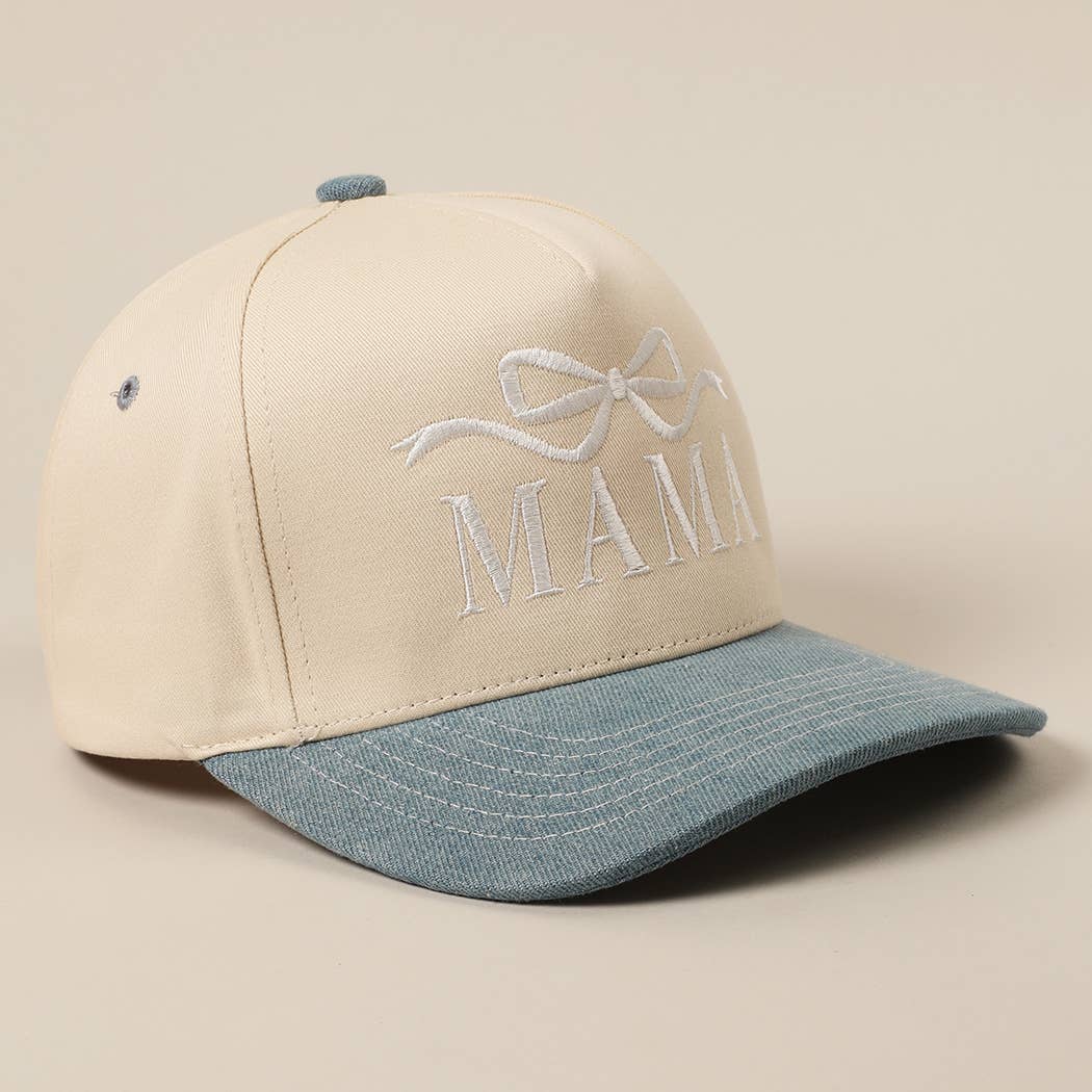 MAMA Ribbon Embroidered Two-Tone Trucker Hat: DENIM / ONE SIZE
